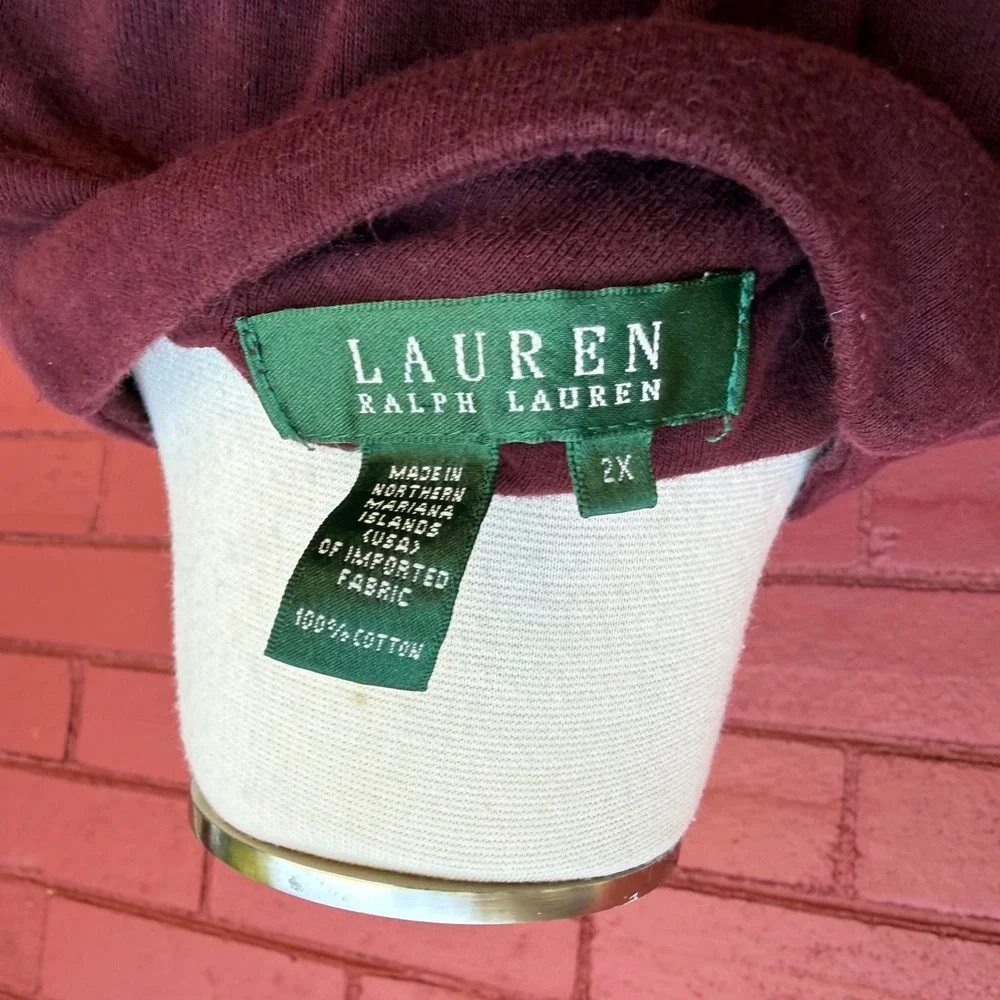 Lauren Ralph Lauren Womens 2X Burgundy Cotton Asymmetrical Button Top Old Money